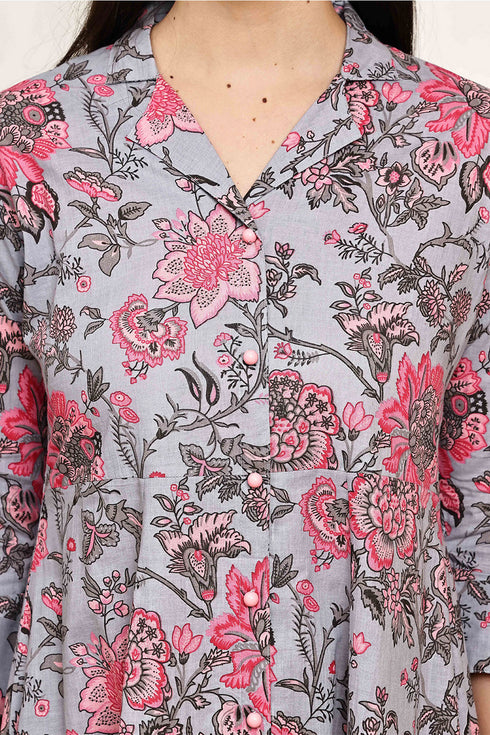 Serene Grey Floral Jaipuri Printed Western Dress