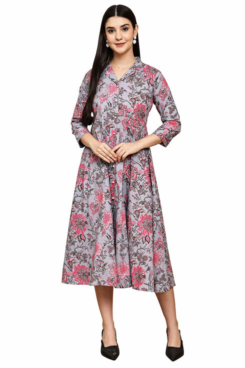 Serene Grey Floral Jaipuri Printed Western Dress