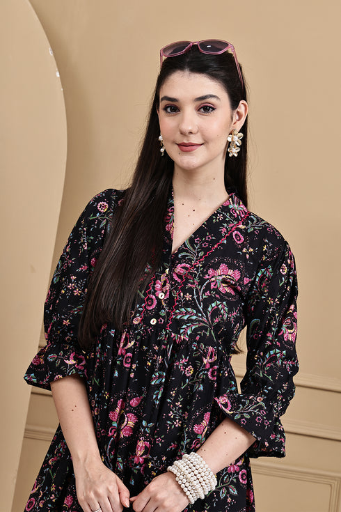 Midnight Floral Attire Pure Cotton Jaipuri Printed Western Dress