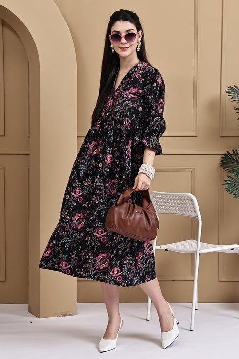 Midnight Floral Attire Pure Cotton Jaipuri Printed Western Dress
