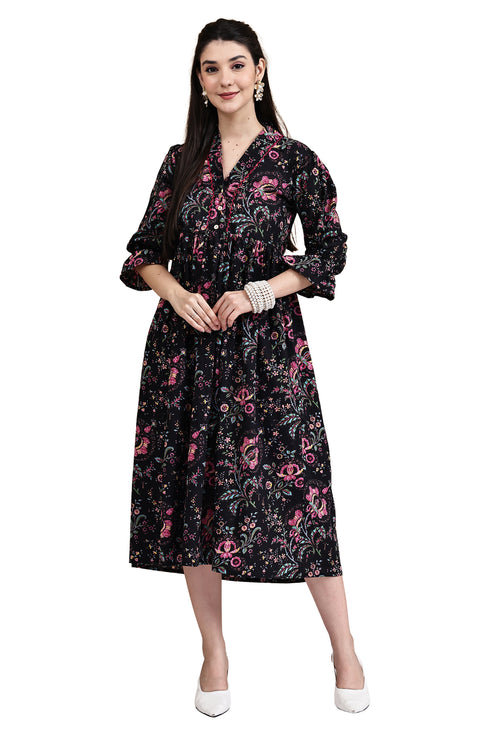 Midnight Floral Attire Pure Cotton Jaipuri Printed Western Dress