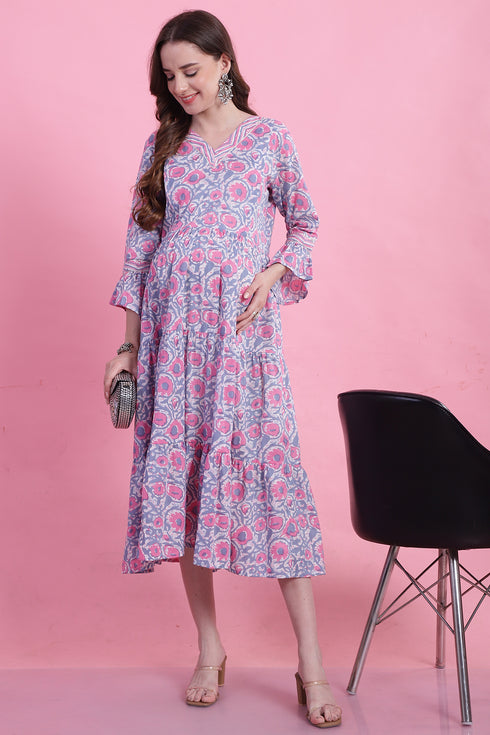 Grey & Pink Cotton Floral Printed Maternity Gown with Zipper for Women for Pre & Post Pregnancy & Easy Breastfeeding