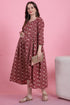 Maroon & Beige Rayon Foil Printed Maternity Gown with Zipper for Women for Pre & Post Pregnancy & Easy Breastfeeding