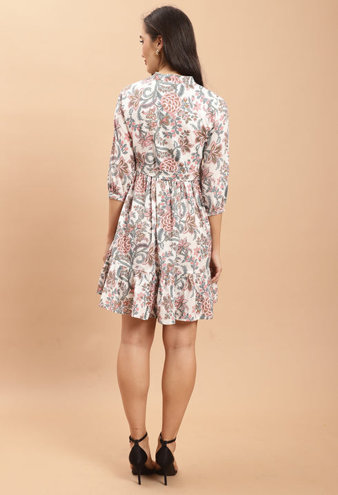 White Pure Cambric Cotton Jaipuri Printed Dress