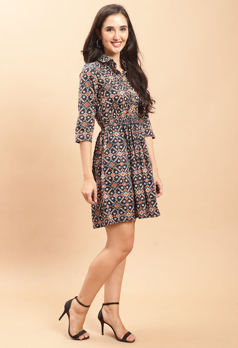 Navy Blue Pure Cambric Cotton Jaipuri Printed Dress