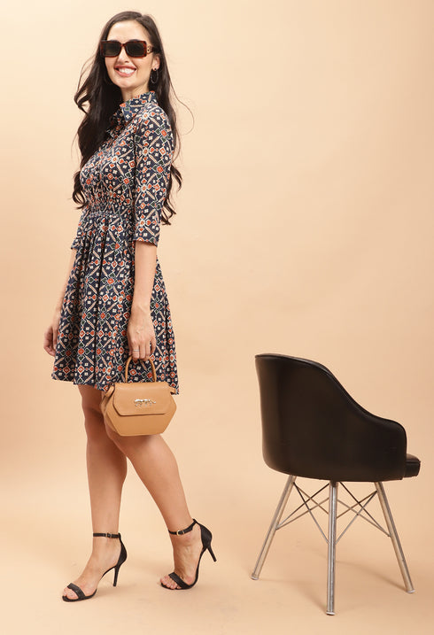 Navy Blue Pure Cambric Cotton Jaipuri Printed Dress