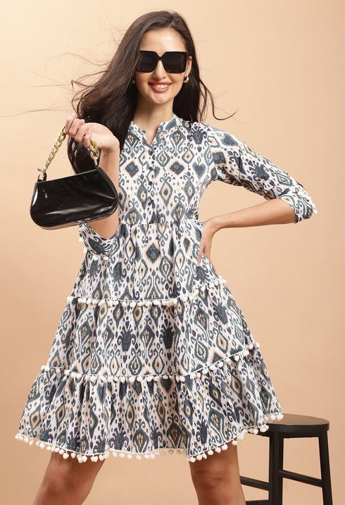 White Pure Cambric Cotton Jaipuri Printed Dress