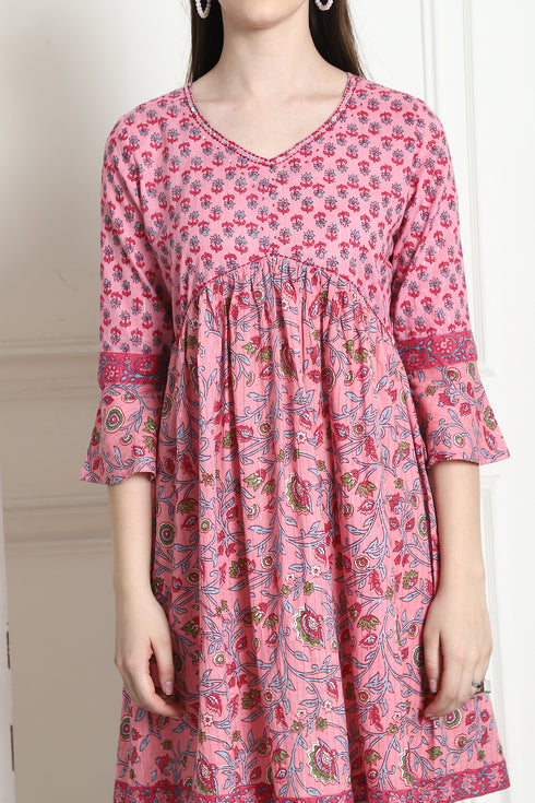 Light Pink Pure Cotton Printed Western Dress