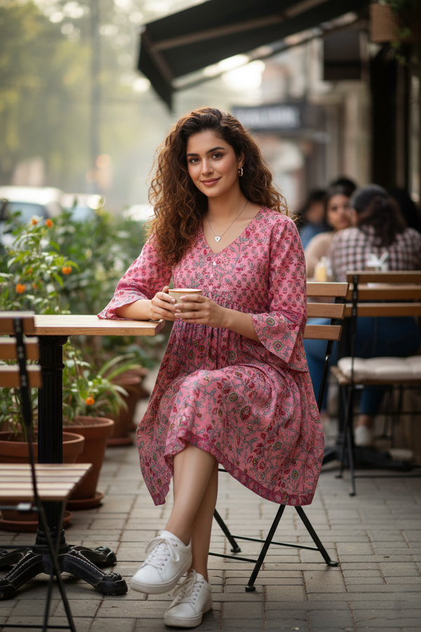 Light Pink Pure Cotton Printed Western Dress