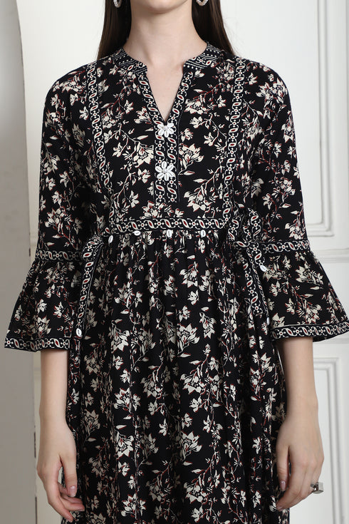 Black & Beige Pure Cotton Floral Printed Western Dress