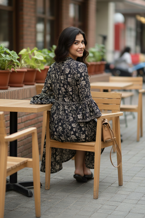 Black & Beige Pure Cotton Floral Printed Western Dress