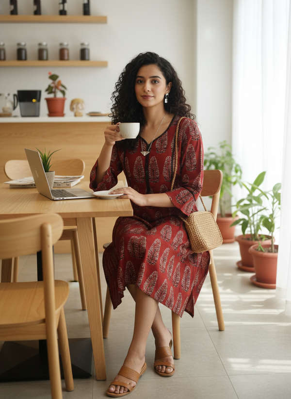 Brown Pure Cotton Block Printed Western Dress