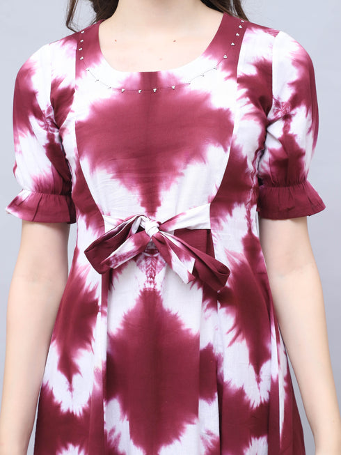 Wine & White Pure Cotton Tie-Dye Shibori Printed Western Dress