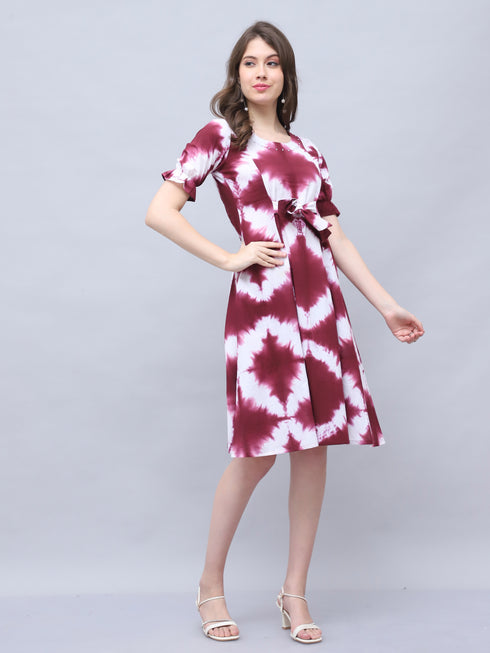 Wine & White Pure Cotton Tie-Dye Shibori Printed Western Dress