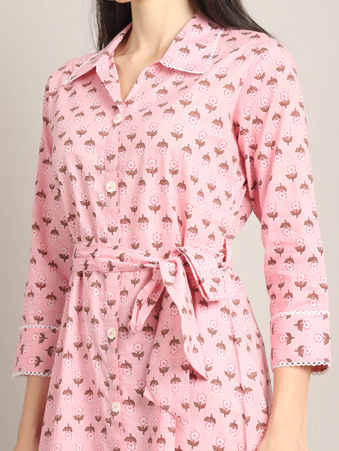 Light Pink Women's Pure Cotton Floral Printed Western Dress