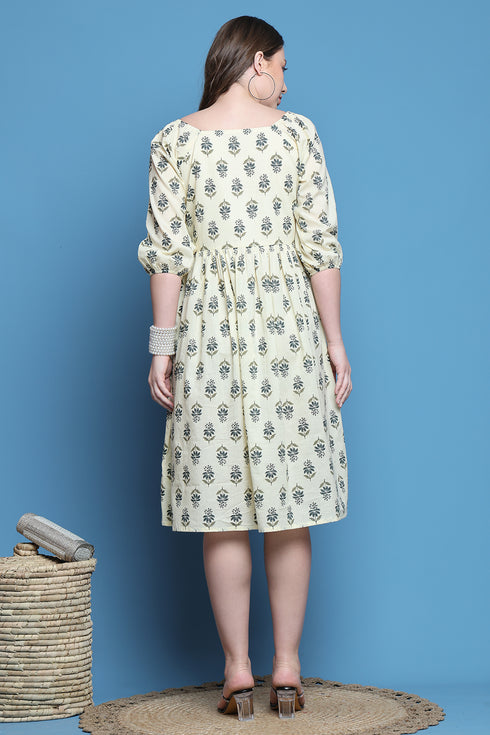 Off White Pure Cotton Jaipuri Printed Western Dress