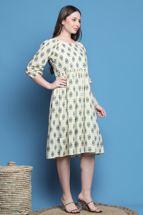 Off White Pure Cotton Jaipuri Printed Western Dress