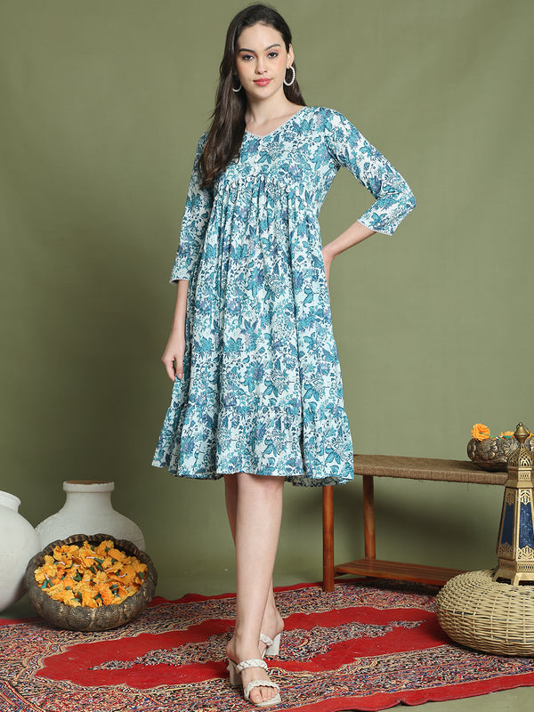 Women's Blue Pure Cotton Jaipuri Printed Western Dress