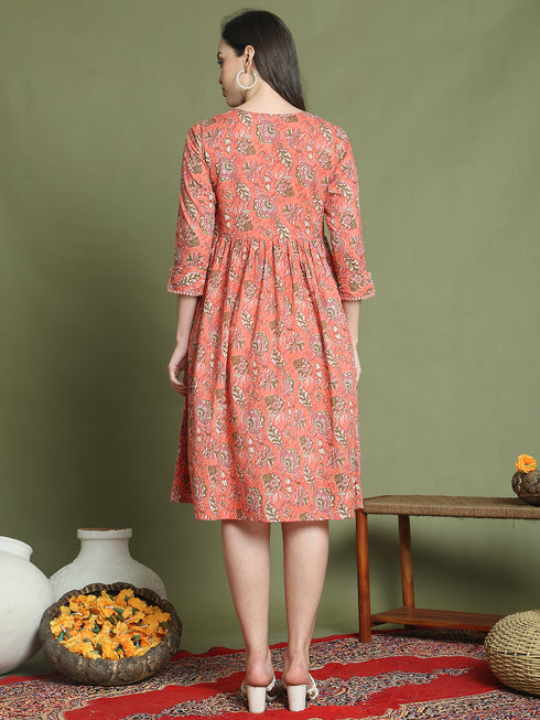 Women's Orange Pure Cotton Jaipuri Printed Western Dress