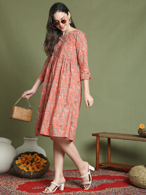 Women's Orange Pure Cotton Jaipuri Printed Western Dress