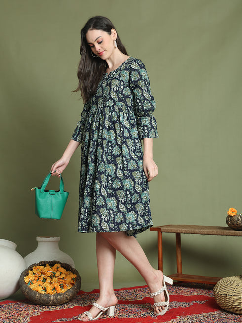 Women's Navy Pure Cotton Jaipuri Printed Western Dress