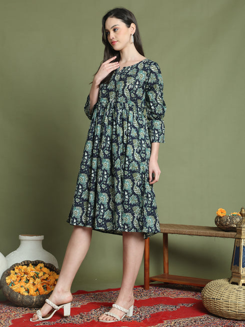 Women's Navy Pure Cotton Jaipuri Printed Western Dress