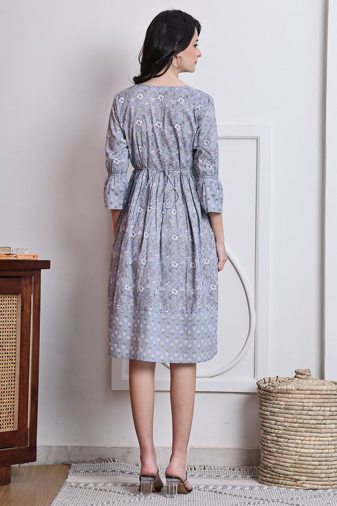 Grey Cotton Jaipuri Printed Western Dress