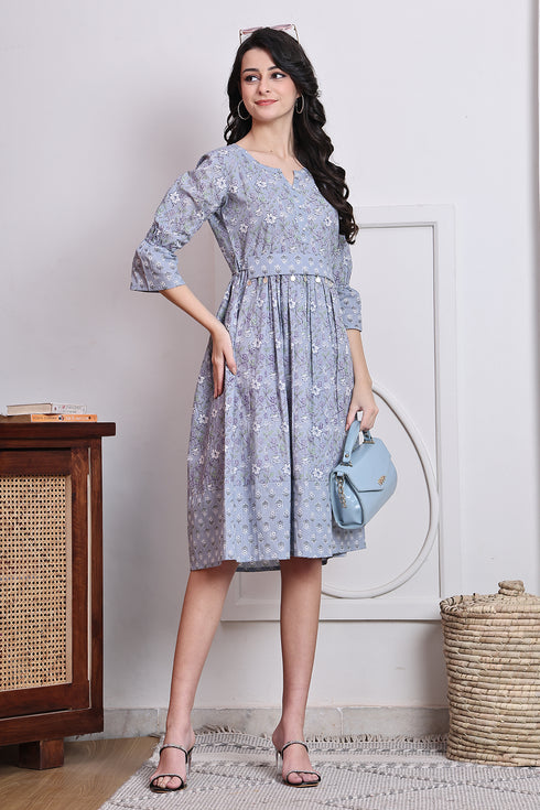 Grey Cotton Jaipuri Printed Western Dress