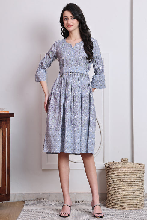 Grey Cotton Jaipuri Printed Western Dress