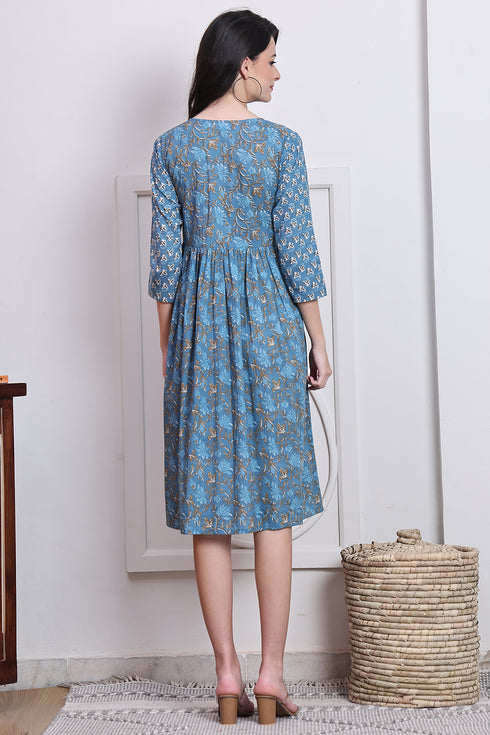 Blue Cotton Jaipuri Printed Western Dress