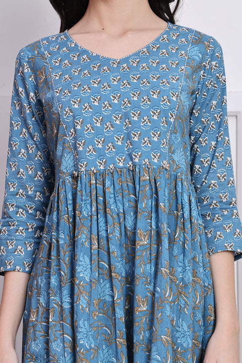 Blue Cotton Jaipuri Printed Western Dress