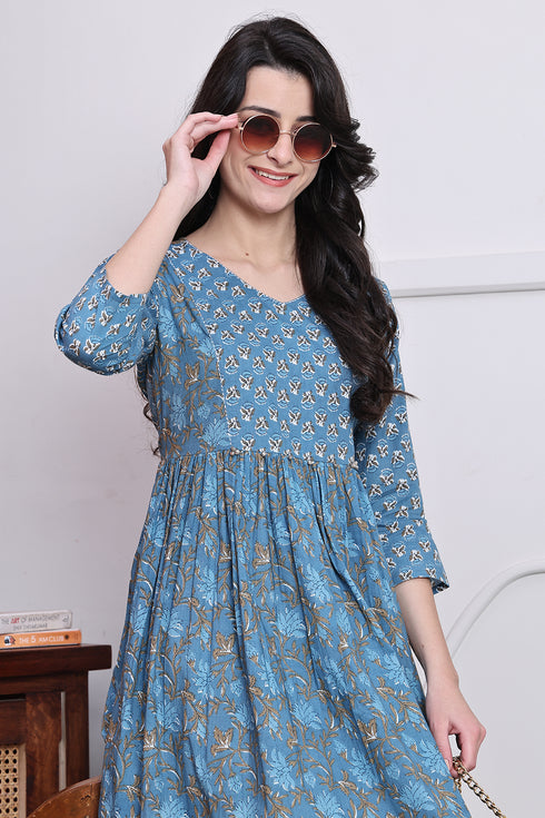 Blue Cotton Jaipuri Printed Western Dress