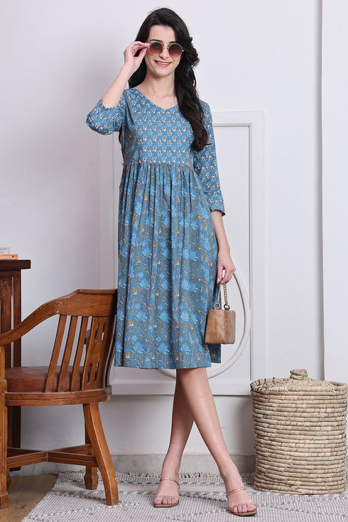 Blue Cotton Jaipuri Printed Western Dress