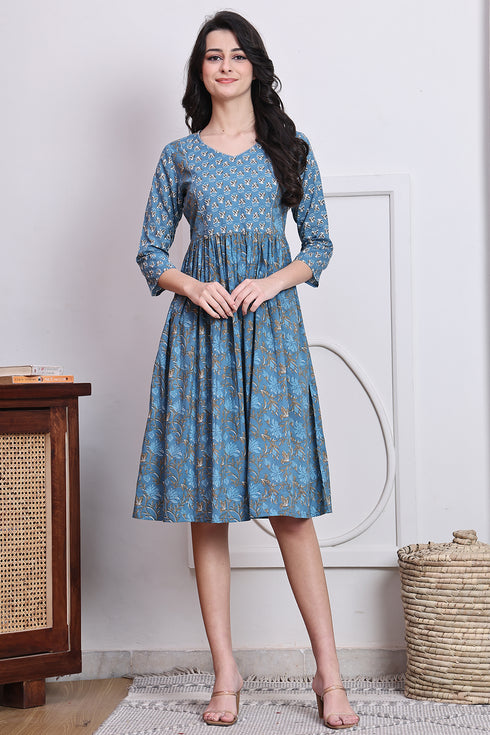 Blue Cotton Jaipuri Printed Western Dress