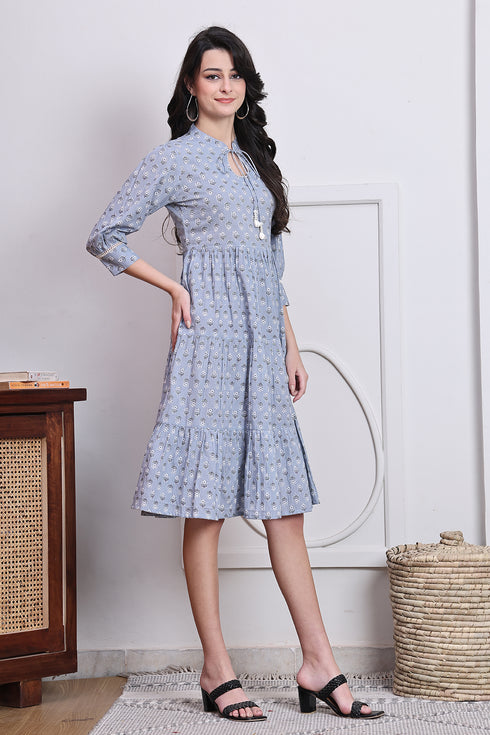 Grey Cotton Jaipuri Printed Western Dress