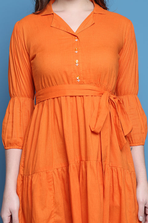 Orange Cotton Solid Western Dress