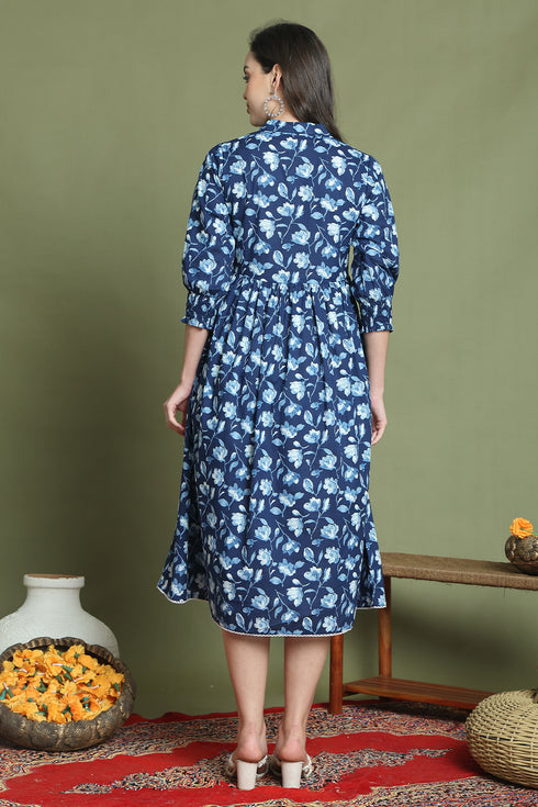 Blue Pure Cotton Jaipuri Printed Western Dress