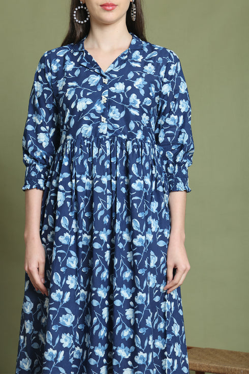 Blue Pure Cotton Jaipuri Printed Western Dress