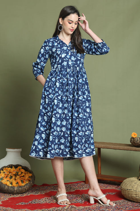 Blue Pure Cotton Jaipuri Printed Western Dress