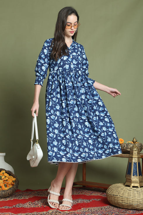Blue Pure Cotton Jaipuri Printed Western Dress