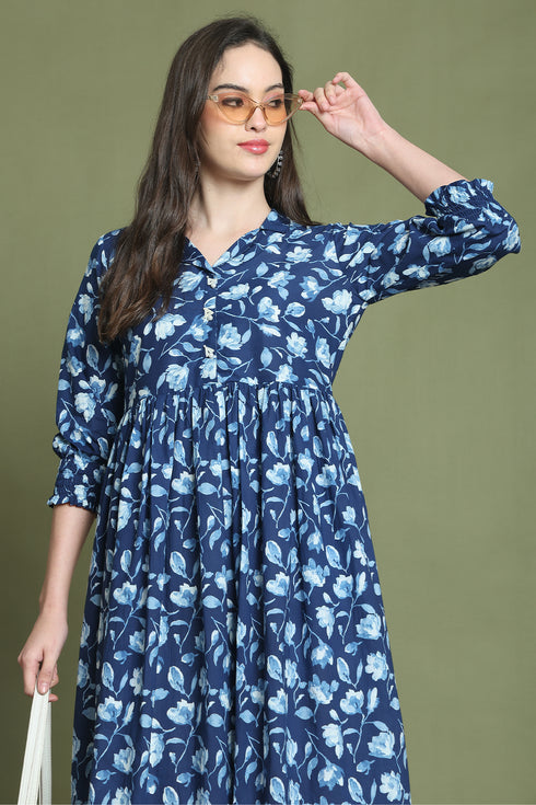 Blue Pure Cotton Jaipuri Printed Western Dress