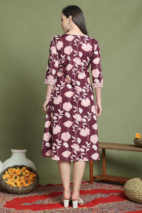 Wine Pure Cotton Jaipuri Printed Western Dress