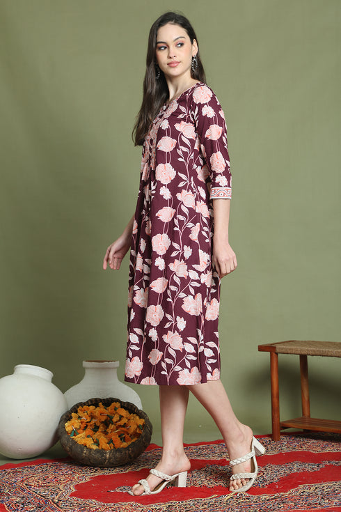 Wine Pure Cotton Jaipuri Printed Western Dress