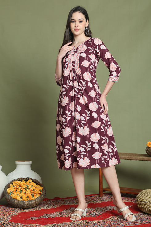 Wine Pure Cotton Jaipuri Printed Western Dress