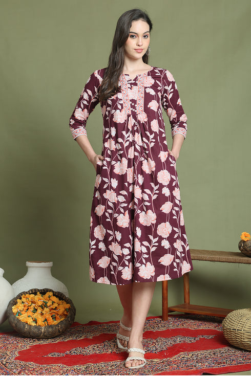 Wine Pure Cotton Jaipuri Printed Western Dress