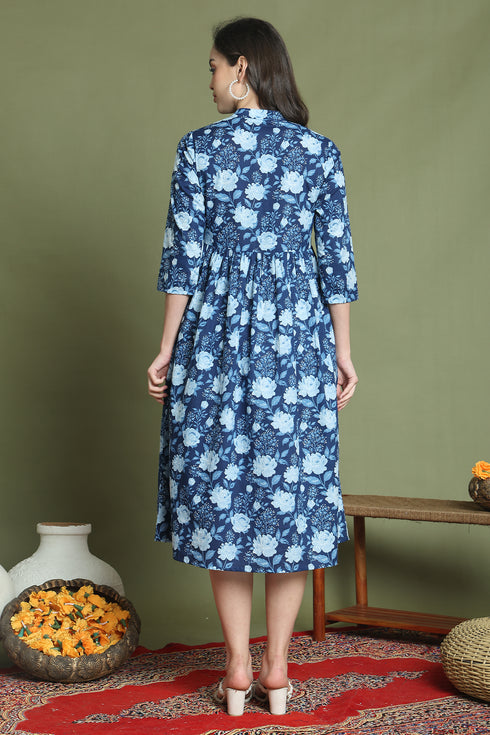 Blue Pure Cotton Jaipuri Printed Western Dress