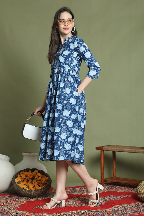 Blue Pure Cotton Jaipuri Printed Western Dress