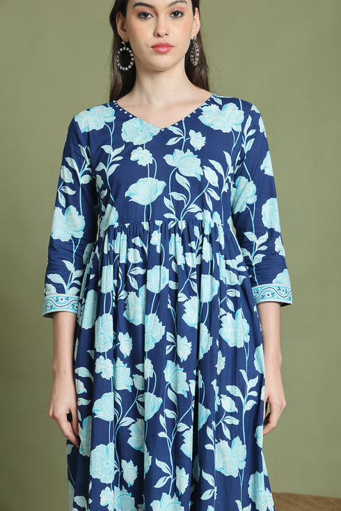 Blue Pure Cotton Jaipuri Printed Western Dress
