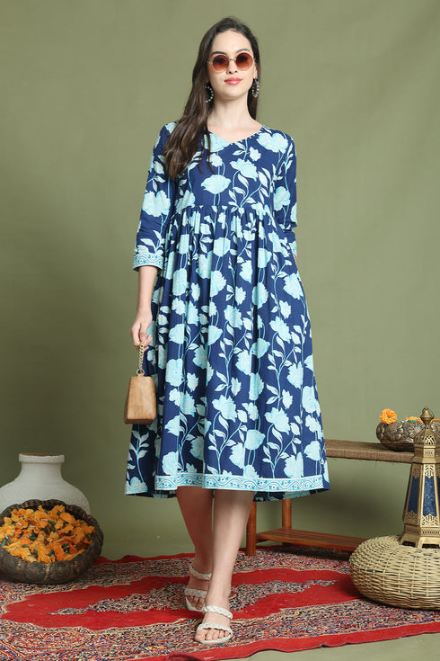 Blue Pure Cotton Jaipuri Printed Western Dress