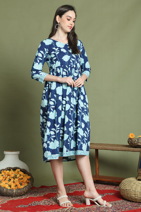 Blue Pure Cotton Jaipuri Printed Western Dress